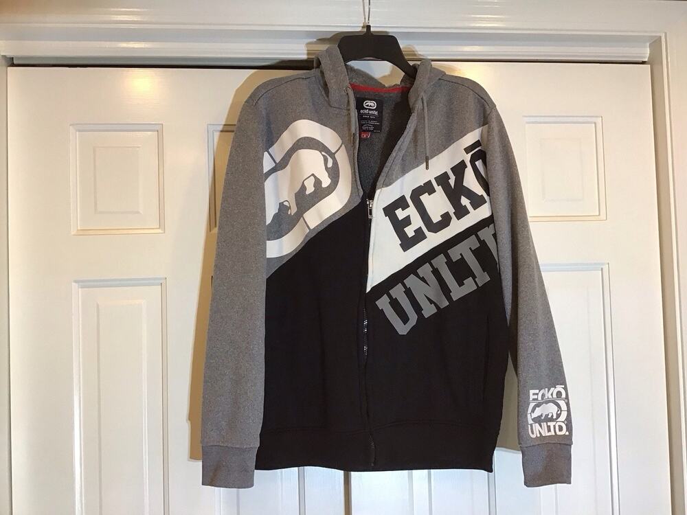 Ecko Unltd Men Black Gray Full Zip Hoodie Skater Y2K Logo Jacket SzM Streetwear